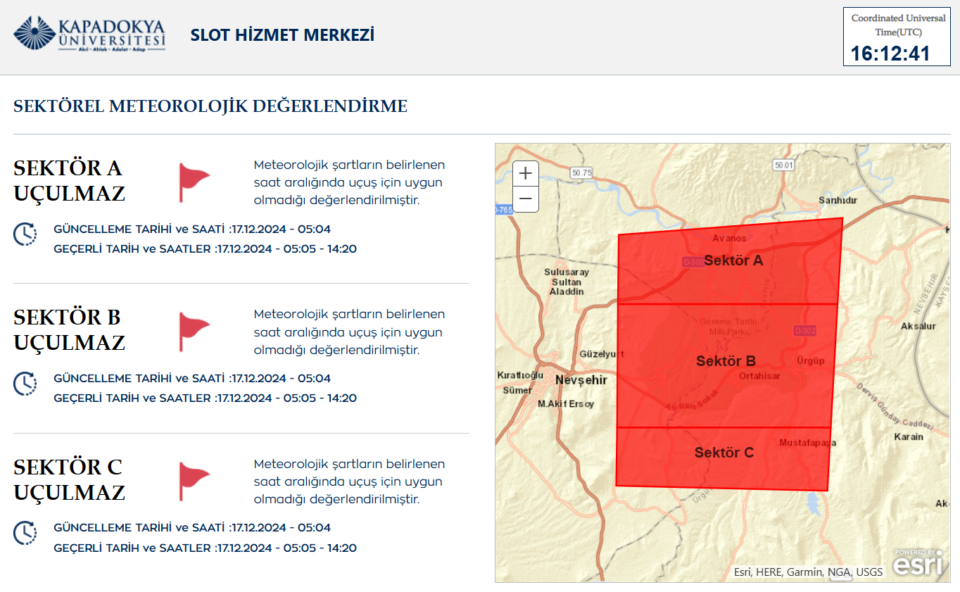 previsioni meteo che mostrano volo in mongolfiera in Cappadocia cancellato dall'aviazione civile per bandiera rossa